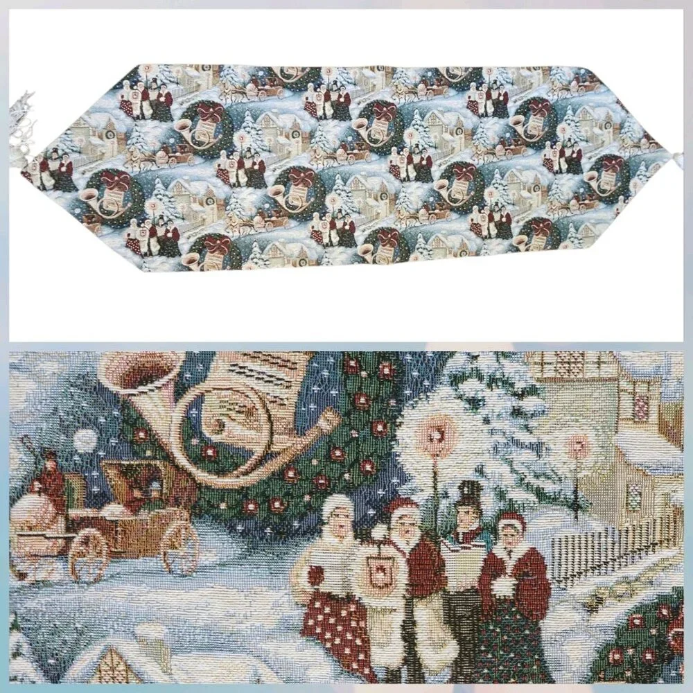 VTG 90s‎ Christmas Tapestry Table Runner Tassles Winter Village Scene 37